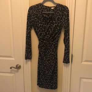 Long Sleeve Black and Gray Leopard Wrap Dress